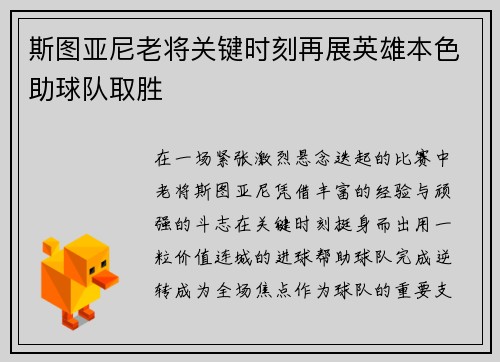 斯图亚尼老将关键时刻再展英雄本色助球队取胜 斯图亚尼老将关键时刻再展英雄本色助球队取胜